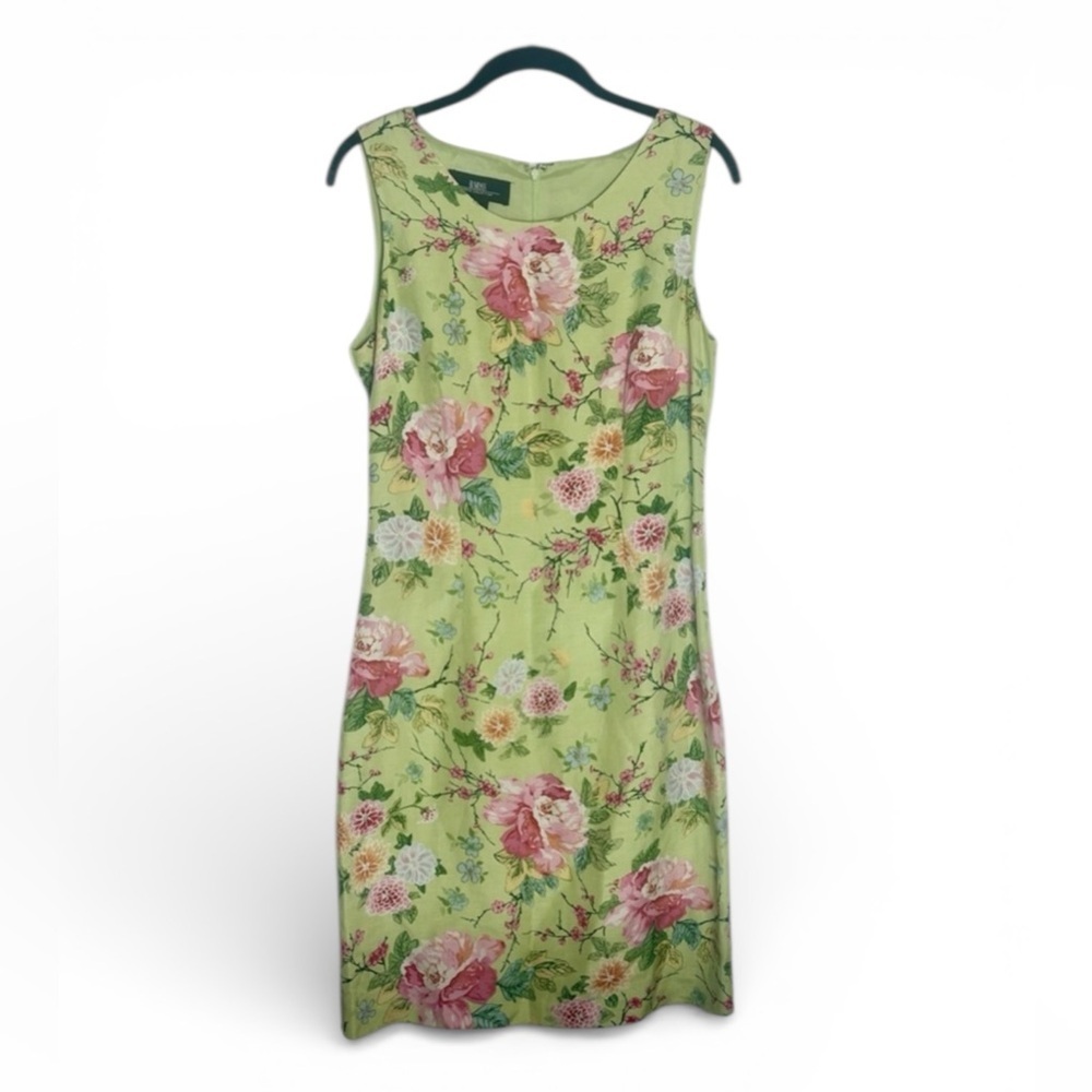 Vintage B Moss Silk Linen Blend Green Floral Sleeveless Dress Sz 6